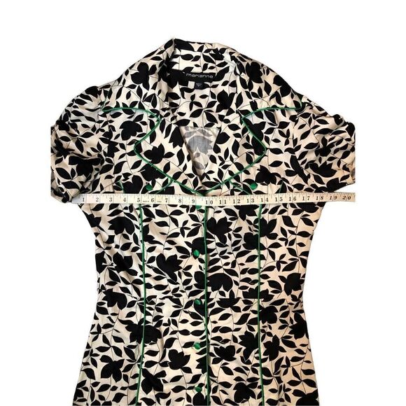 Marianne black and white floral button front with green satin buttoned and trim - Picture 12 of 16